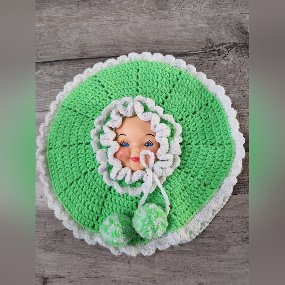 Green and White Vintage Crochet Doll Face Pillow